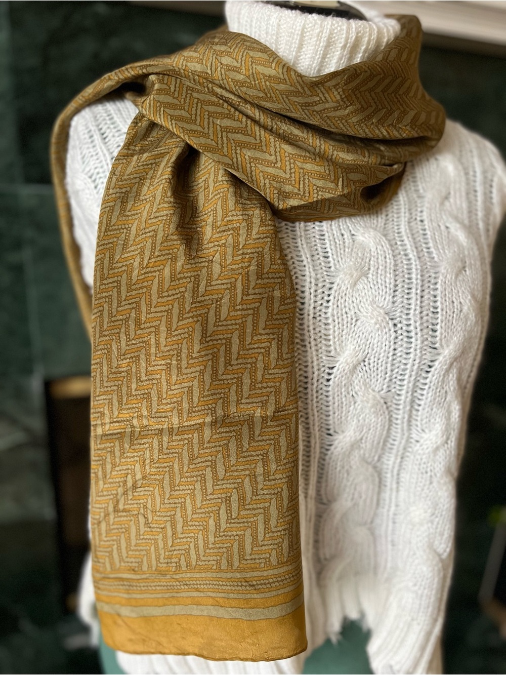 VTG Junko Koshino Silk Long Geometric Scarf Mustard Chevron  NeckWrap Retro Luxe